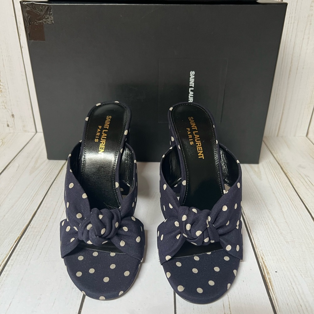 Saint Laurent Bianca 100 Polka Dot Satin Sandal Marine Navy/White Sz 37 / 7 - Picture 7 of 11